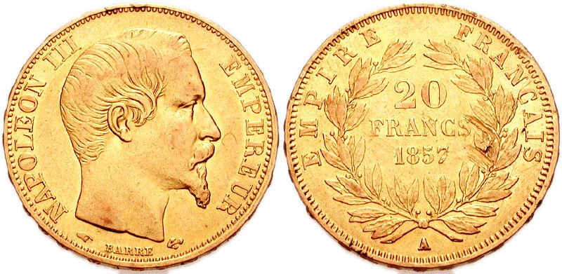 Pièce d'or Napoléon 20 francs, avers et revers